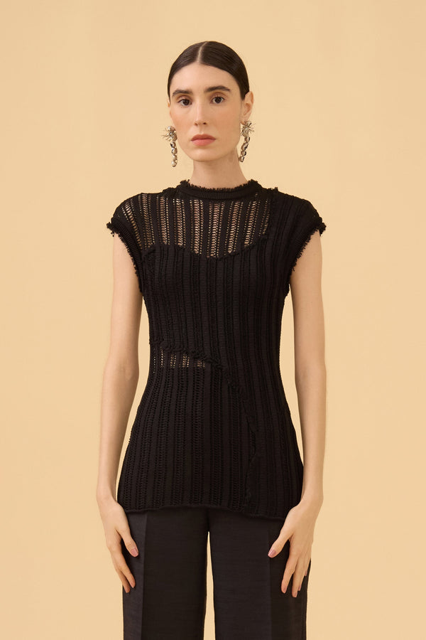 Blusa Sem Mangas Telada Com Formas Em Tricot Preto