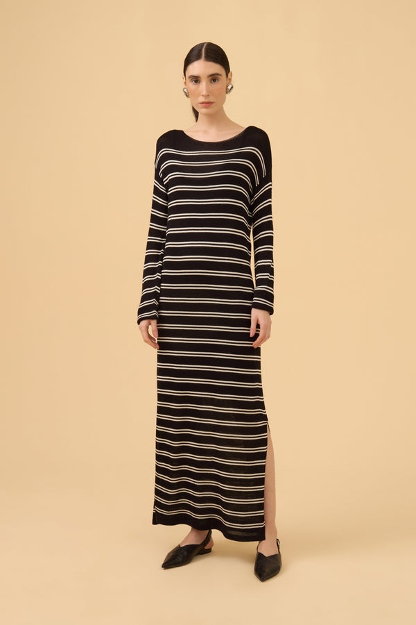 Vestido Manga Longa Listrado Em Tricot Preto