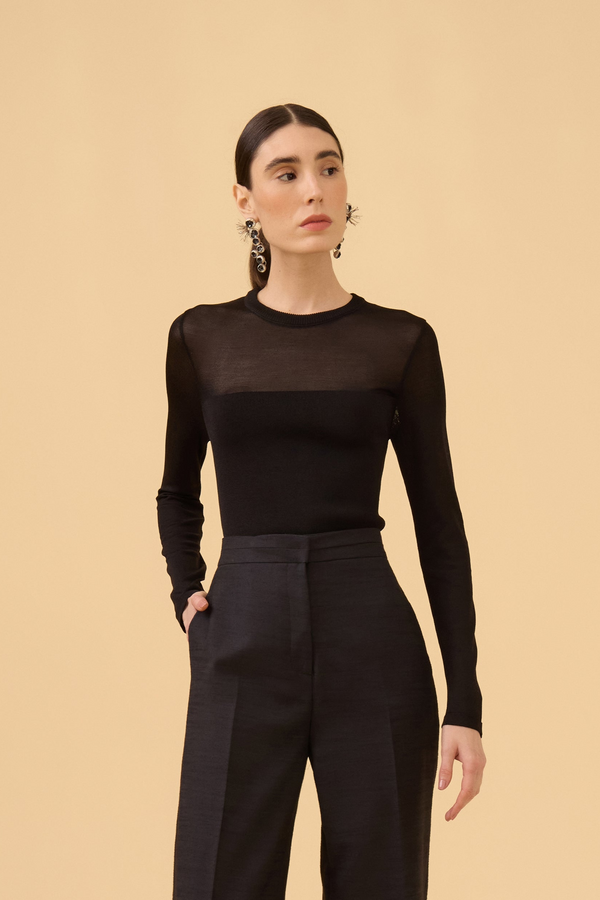 Blusa Manga Longa Detalhe Transparência Em Tricot Preto