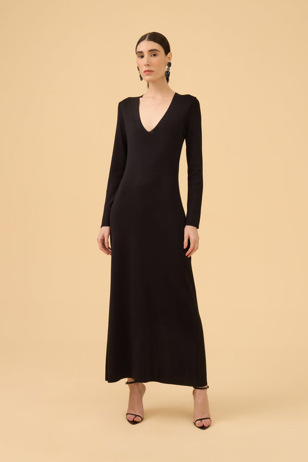 Vestido Longo Manga Longa Em Tricot Preto