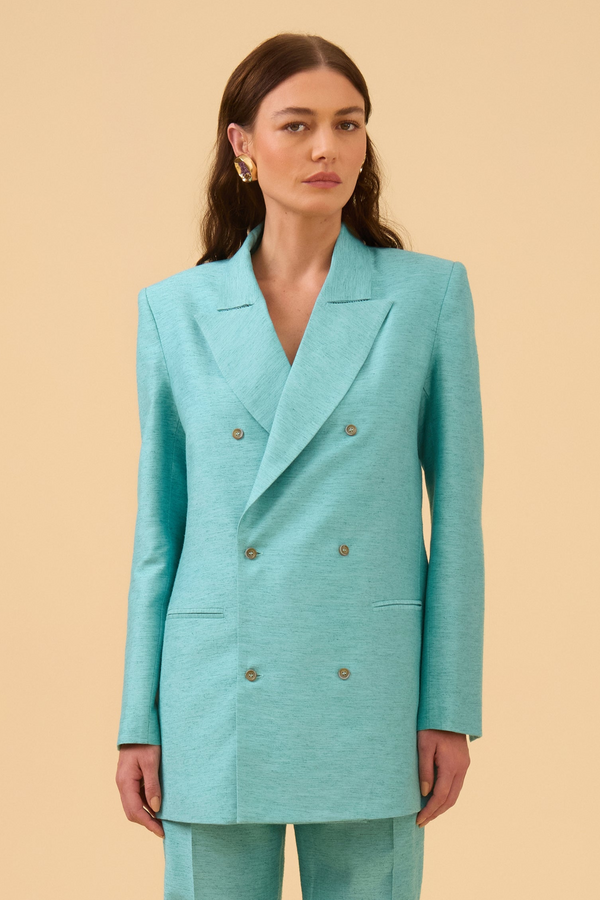 Blazer Alongado Com Duplo Abotoamento Em Tecido Light Turquesa