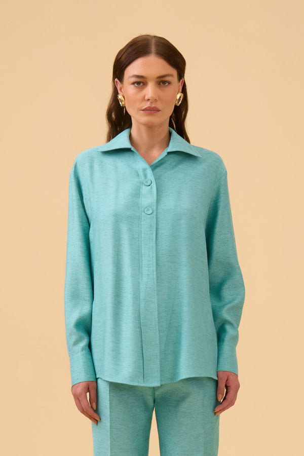 Camisa Com Abotoamento Costas Em Tecido Light Turquesa