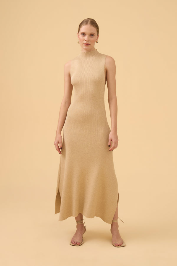 Vestido Midi Barra Assimétrica Em Tricot Bege Champagne