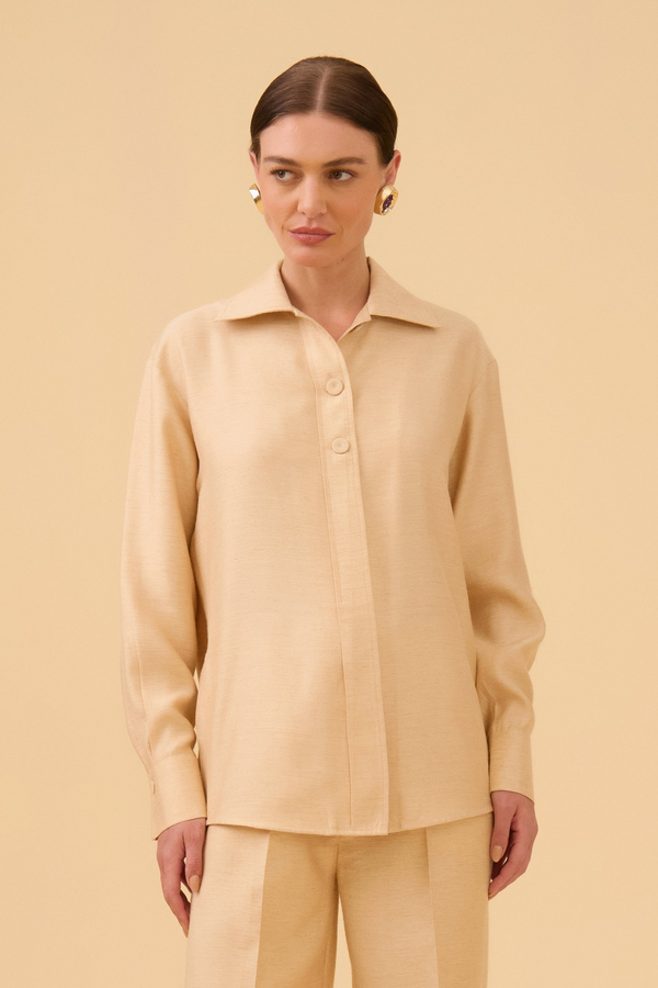 Camisa Com Abotoamento Costas Em Tecido Bege Champagne