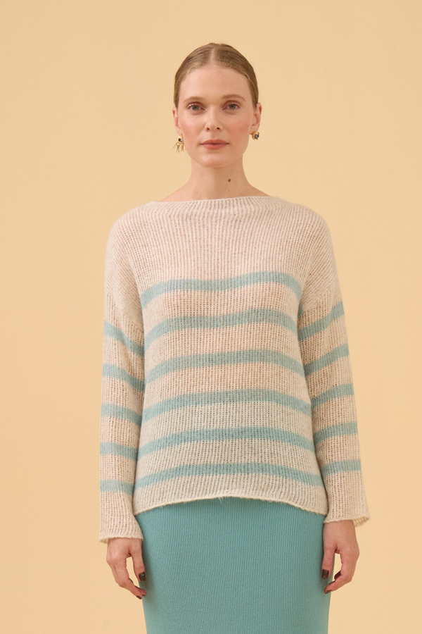 Blusa Manga Longa Gaseada Em Tricot Papiro Com Light Turquesa
