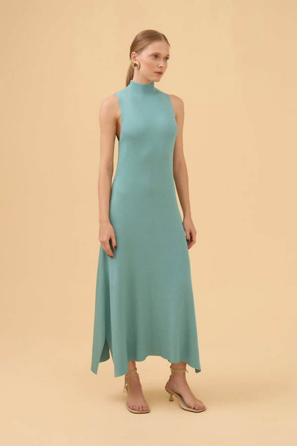 Vestido Midi Barra Assimétrica Em Tricot Light Turquesa