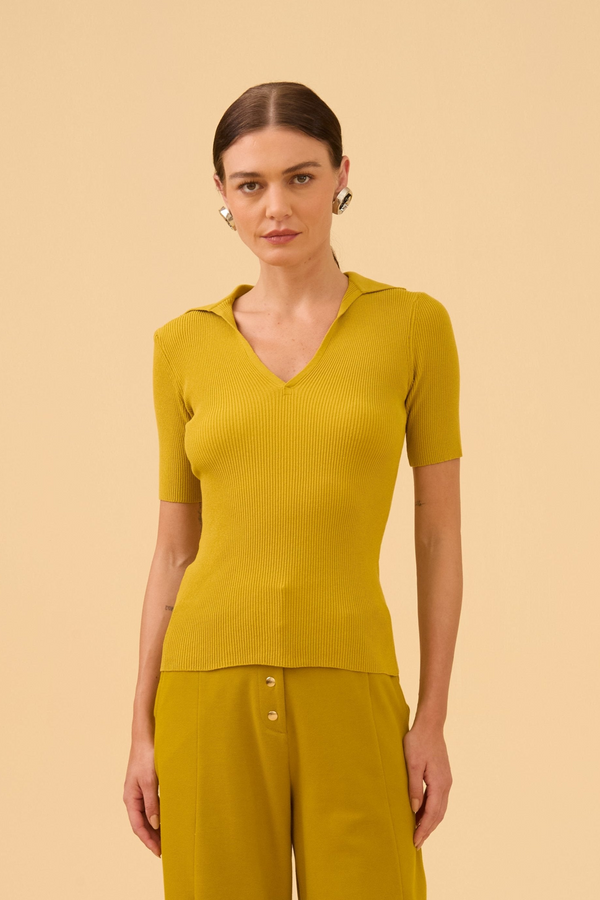 Blusa Manga Curta Com Gola Em Tricot Azeite