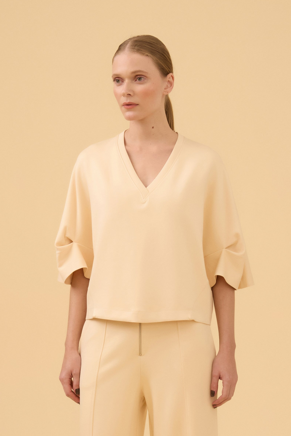 Blusa Manga Curta Detalhe Tricot Em Malha Bege Champagne