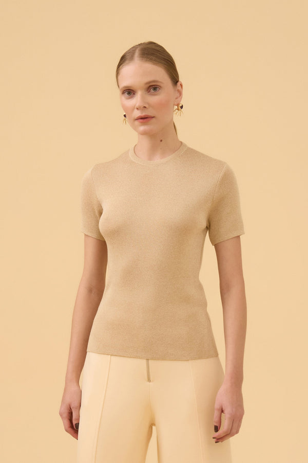 Blusa Manga Curta Mescla Em Tricot Champagne Mescla
