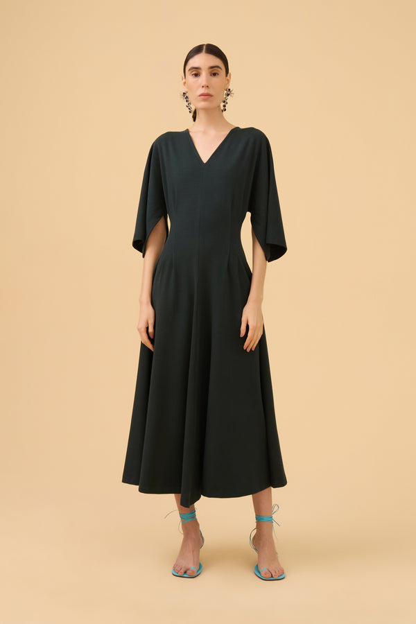 Vestido Longuete Com Mangas Amplas Em Malha Verde Escuro