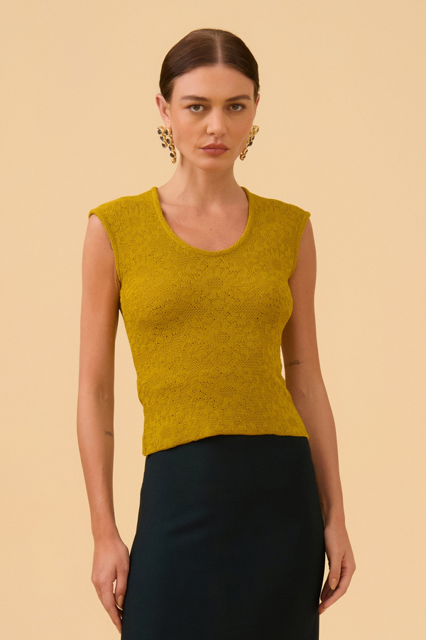 Blusa Sem Manga Decote Renda Em Tricot Azeite