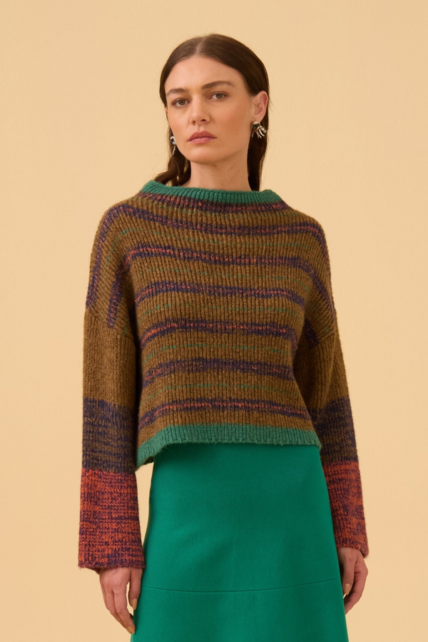 Pullover Gaseado Listrado Em Tricot Comb. Conhaque
