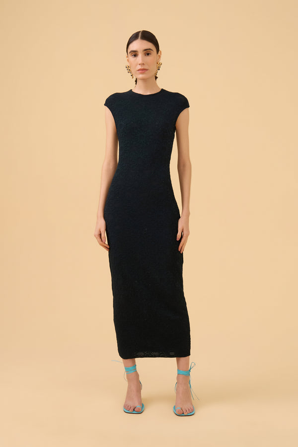 Vestido Midi de Renda em Tricot Preto
