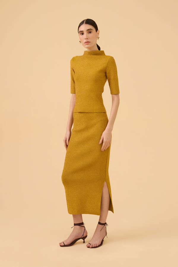Saia Midi Reta Em Tricot Lurex Azeite