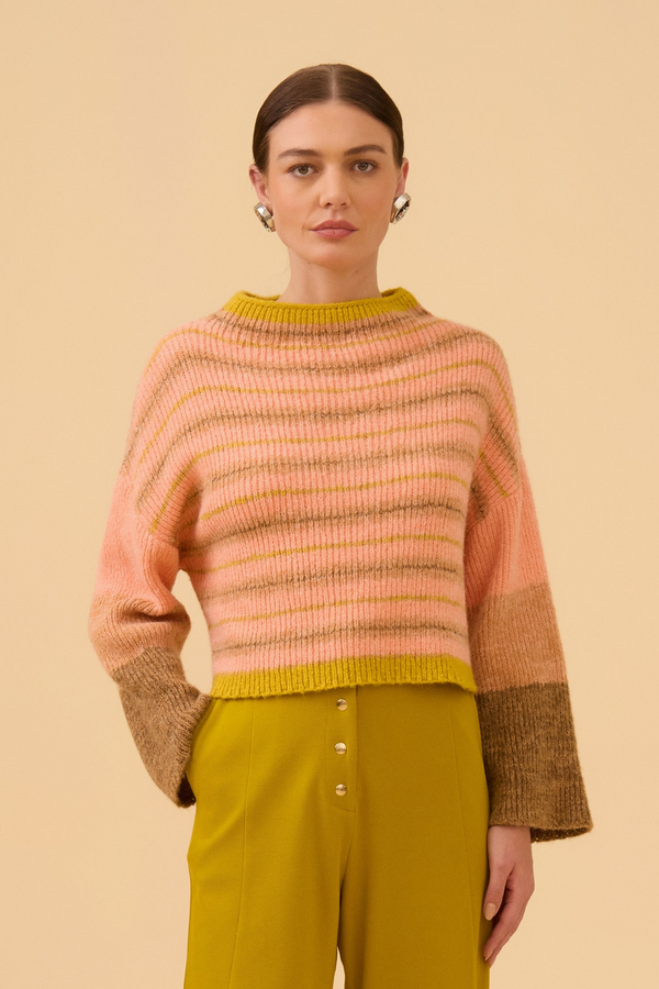 Pullover Gaseado Listrado Em Tricot Comb. Intense Peach