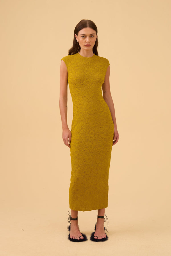 Vestido Midi de Renda em Tricot Azeite