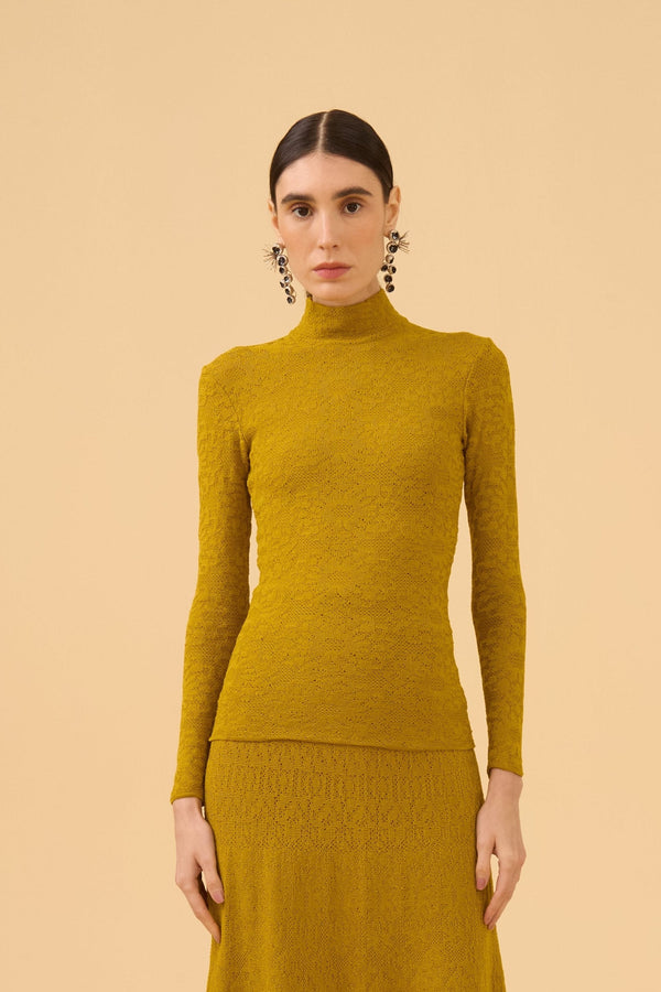 Blusa Manga Longa Gola Alta Renda Em Tricot Azeite