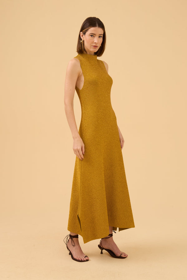 Vestido Midi Barra Assimétrica Em Tricot Lurex Azeite