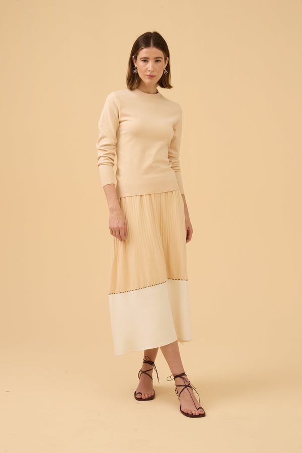 Saia Midi Ampla Nervuras Com Barra Acetinada Em Tricot Bege Champagne