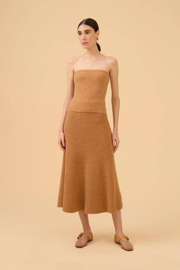 Saia Midi Evasê Em Tricot Doce De Leite