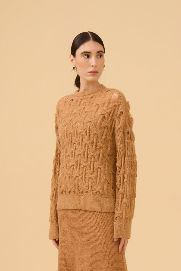 Blusa Manga Longa Ponto Cestaria Com Lurex Em Tricot Doce De Leite
