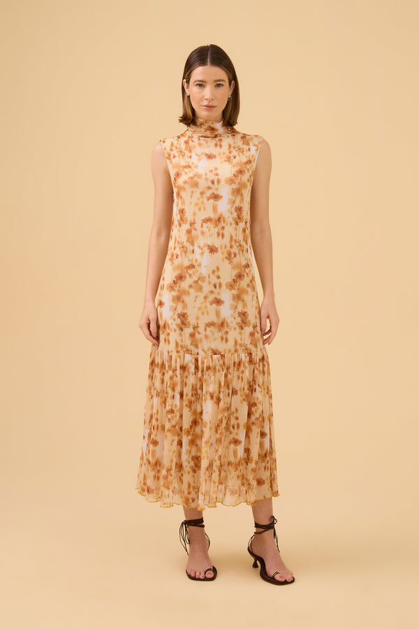 Conjunto De Vestido Midi Estampado Com Vestido Sobreposição Em Tricot Bege Champagne e Azeite
