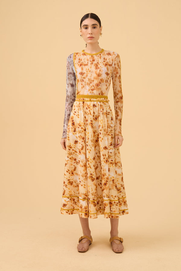 Blusa Manga Longa Em Tule Estampado Comb. Azeite