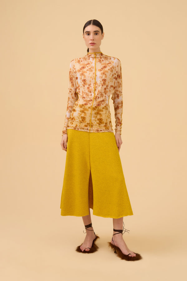 Saia Midi Com Fenda Em Tricot Amarelo Sol