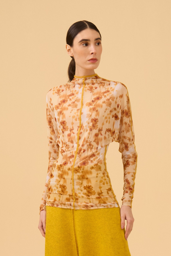 Blusa Alongada Manga Longa Em Tule Estampado Azeite