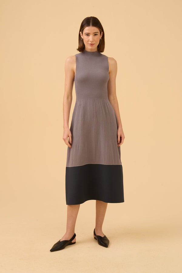 Vestido Midi Nervuras Com Barra Acetinada Em Tricot Light Gray