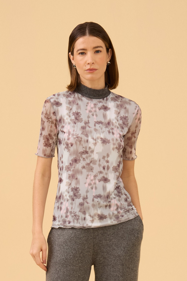 Blusa Manga Curta Em Tule Estampado Light Gray