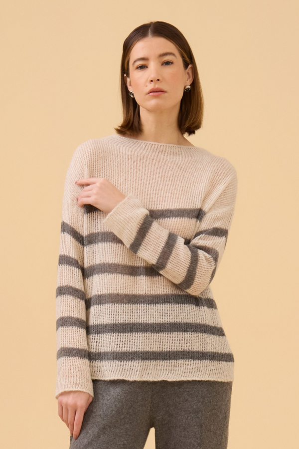 Blusa Manga Longa Gaseada Em Tricot Papiro Com Cinza Mescla