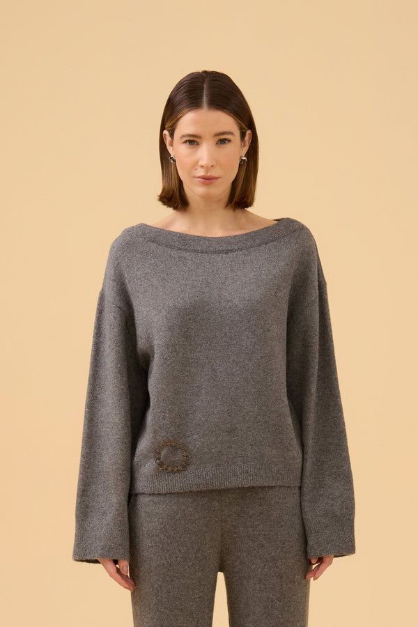 Blusa Manga Longa Decote Bateau Em Tricot Cinza Mescla