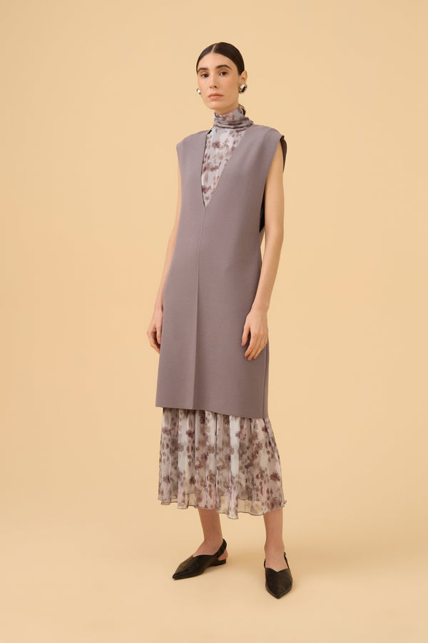 Conjunto De Vestido Midi Estampado Com Vestido Sobreposição Em Tricot Light Gray