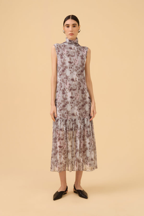 Vestido Midi Gola Alta Em Tule Estampado