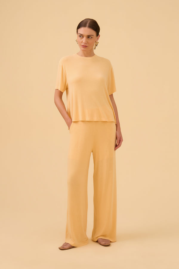 Calça Pantalona Em Malha Bege Sunset