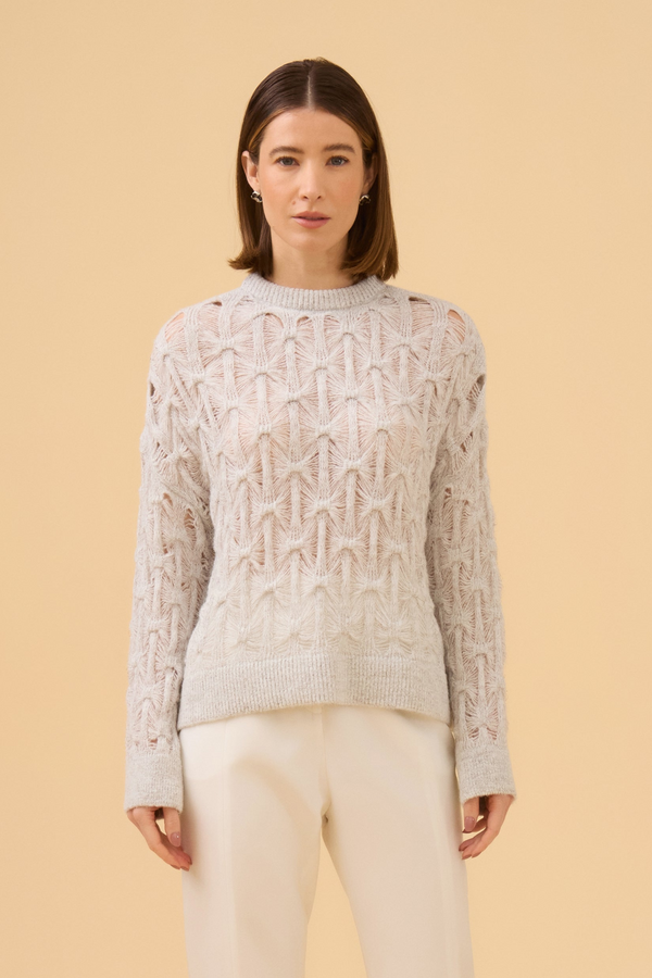 Blusa Manga Longa Ponto Cestaria Com Lurex Em Tricot Pérola