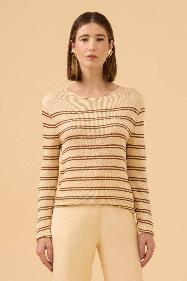 Blusa Mangas Longas Cava Deslocada Bege Champagne/Mocha Brown