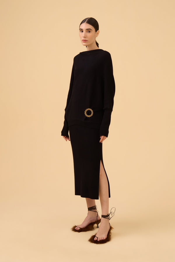 Saia Midi Justa Com Fenda Em Tricot Preto