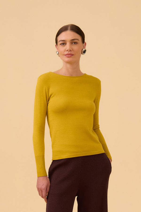 Blusa Decote Careca Manga Longa Em Tricot Azeite