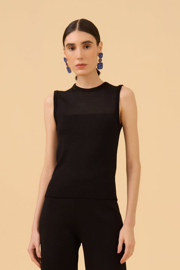 Blusa Sem Mangas Detalhe Transparência Em Tricot Preto
