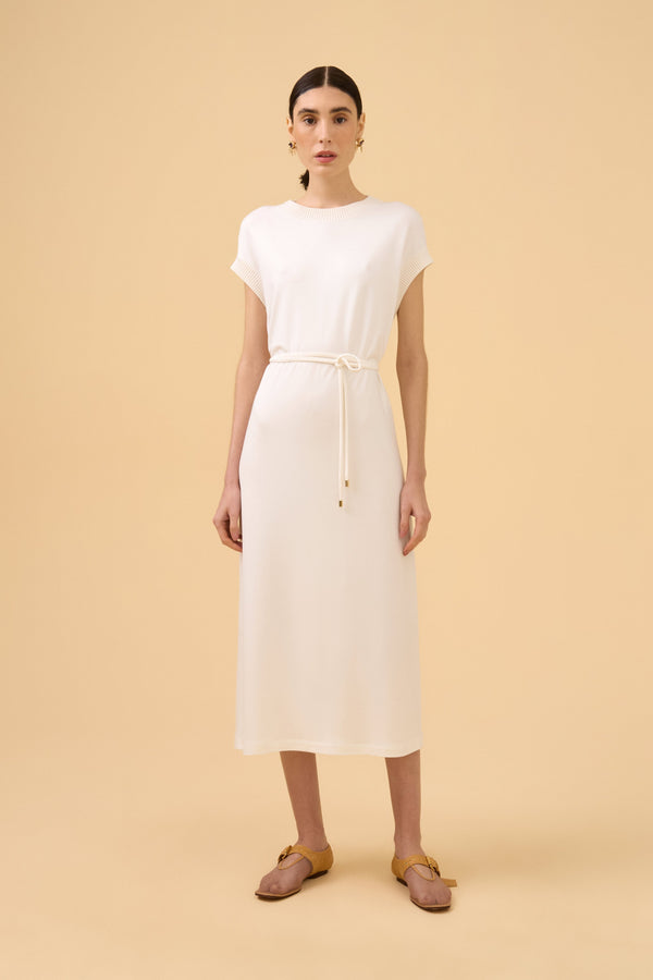 Vestido Midi Amplo Com Cordão Em Malha Off White