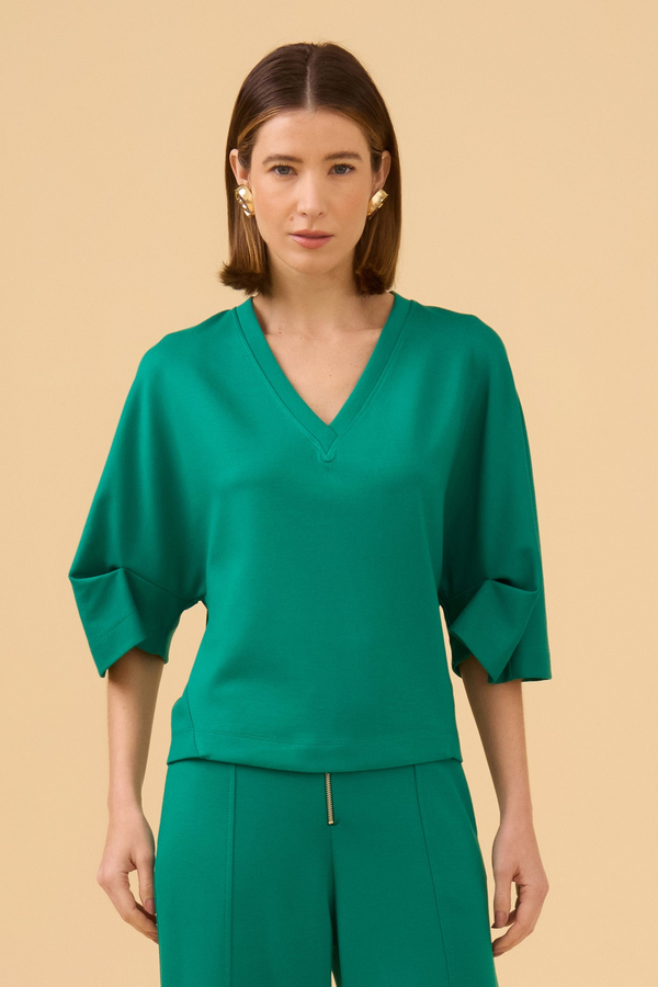 Blusa Manga Curta Detalhe Tricot Em Malha Verde Esmeralda