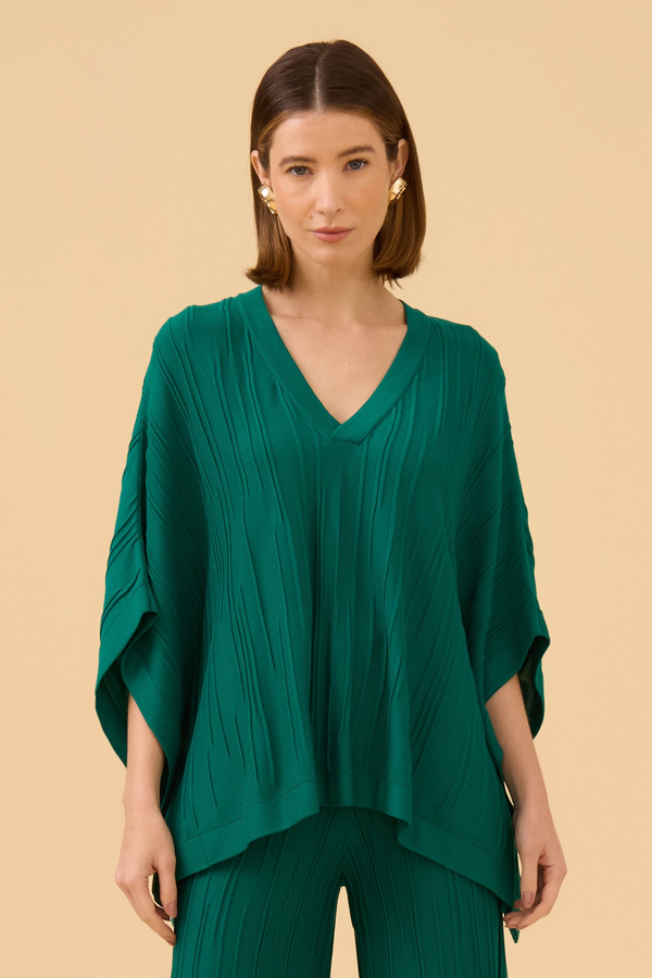 Blusa Kaftan Decote V Em Tricot Verde Esmeralda