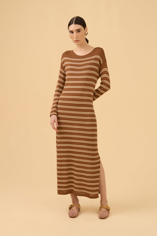 Vestido Manga Longa Listrado Em Tricot Mocha Brown