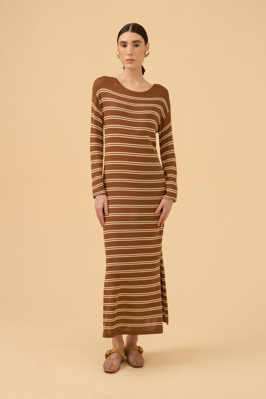 Vestido Manga Longa Listrado Em Tricot Mocha Brown