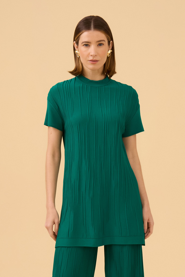 Blusa Alongada Sem Gola Alta Em Tricot Verde Esmeralda