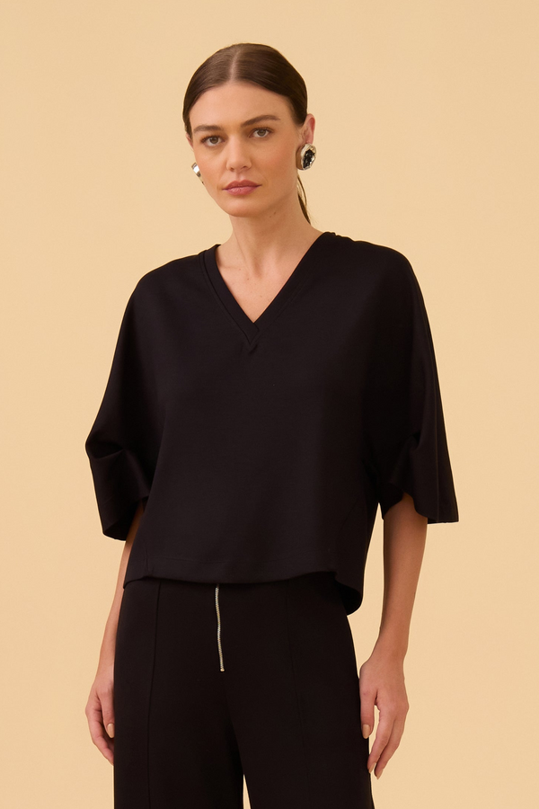Blusa Manga Curta Detalhe Tricot Em Malha Preto