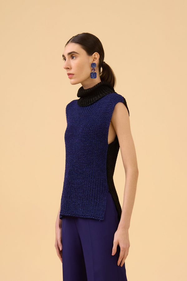 Colete Bicolor Em Tricot Purple Blue/preto