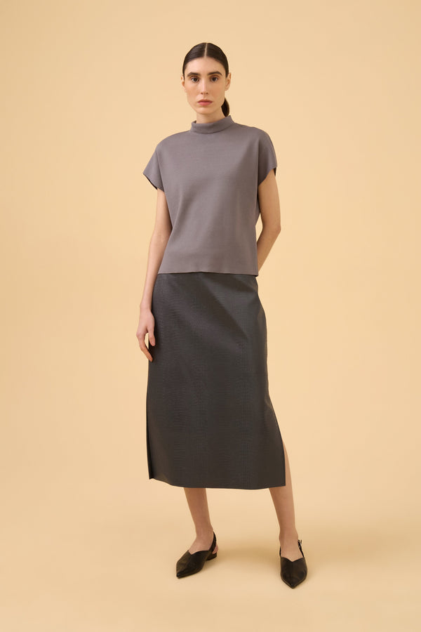 Saia Midi Evase Em Tecido Aspecto Couro Dark Gray
